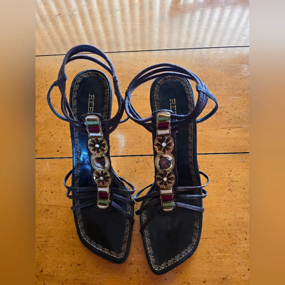 Vintage Brown Strappy High-heeled Bohemian Sandles By Rebels - Picture 4 of 11